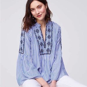 LOFT Striped Embroidered Bell Sleeve Blouse Sz XS